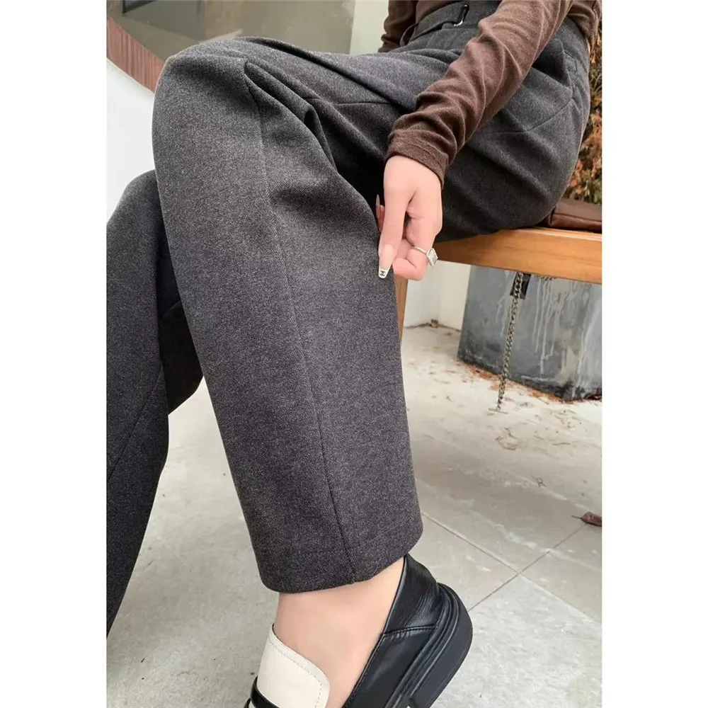 

High-Waisted Wool Straight Pants Autumn/Winter New Women'S Wide Leg Pants Office Ladies Loose Casual Warm Thickened Trousers