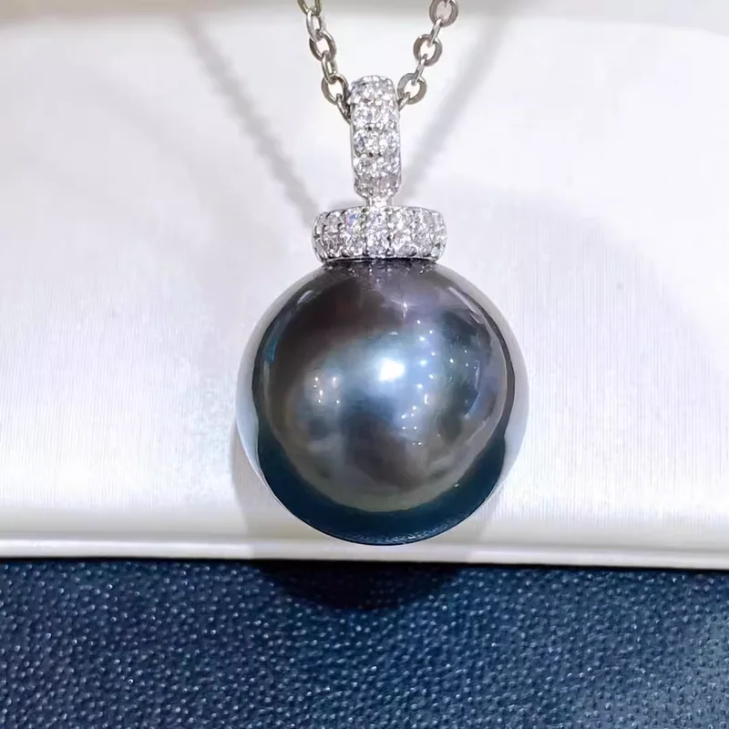 

18“HUGE AAAAA Round 11-12mm natural South Sea Black pearl Pendant necklace 925S