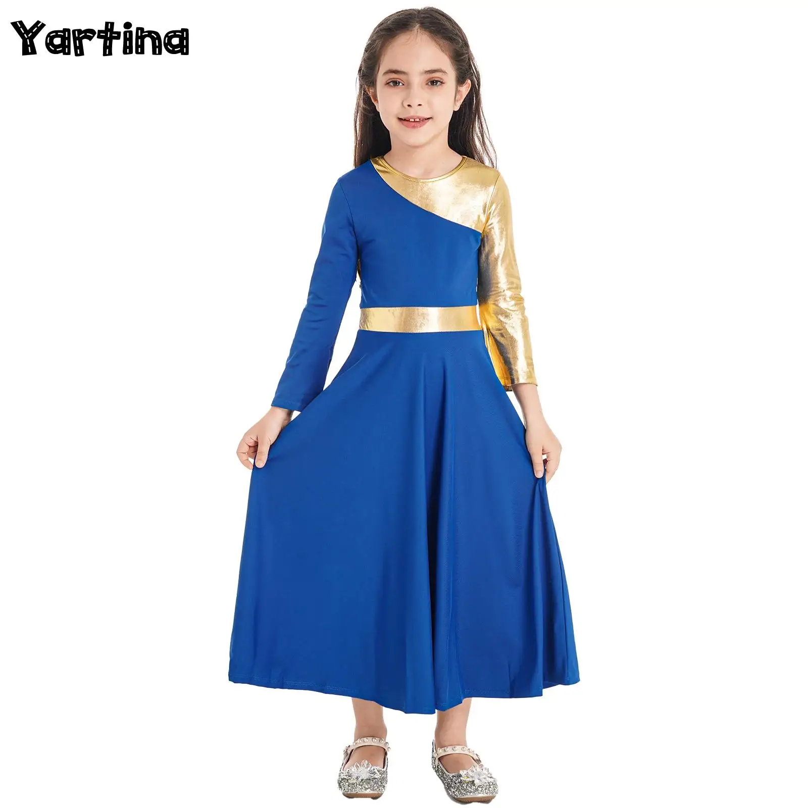 

Kids Girls Metallic Liturgical Praise Dresses Robe Church Worship Ballet Lyrical Dance Costume Christian Bell-bottom Dancewear