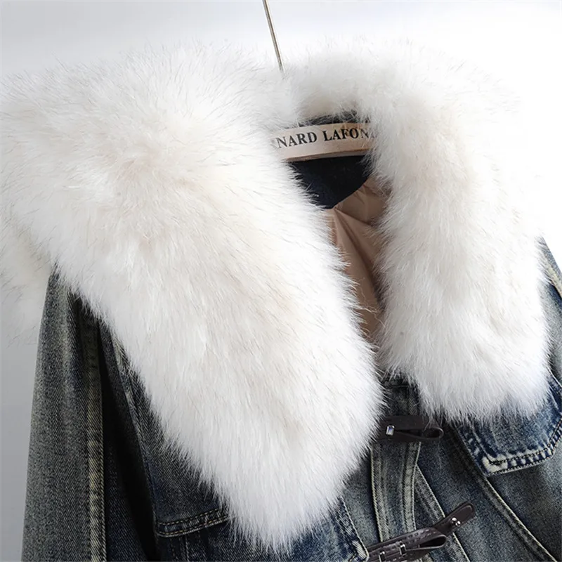 Winter New Thick Warm Fox Fur Collar Down Liner Denim Jacket Women Cowboy Outerwear Vintage Blue Loose Short Jeans Jacket Female
