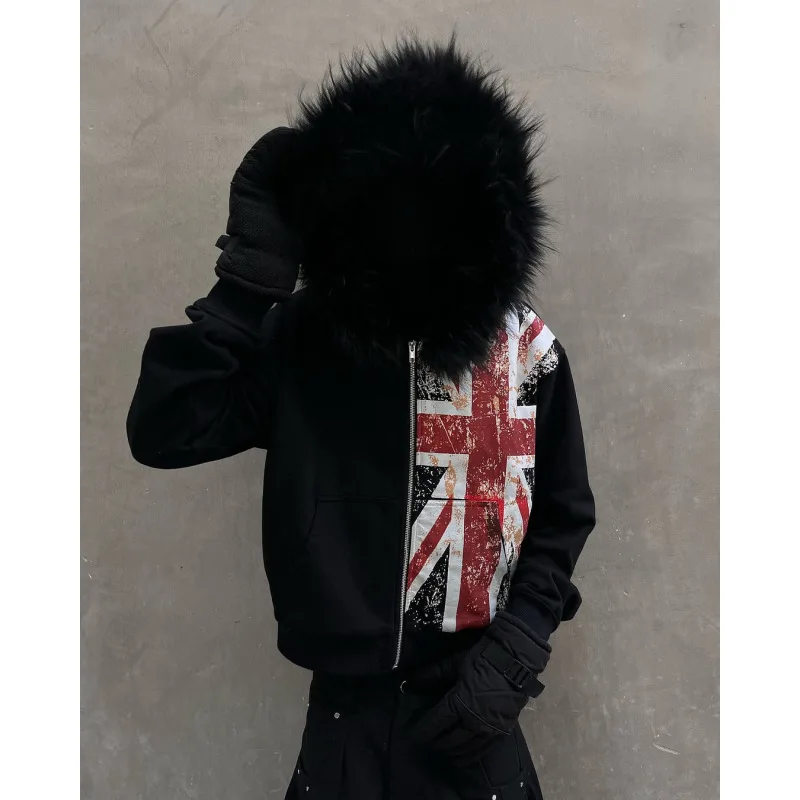 European American ins vintage zip hoodie fur collar print pullover long sleeve y2k street trendy casual sweat outerwear