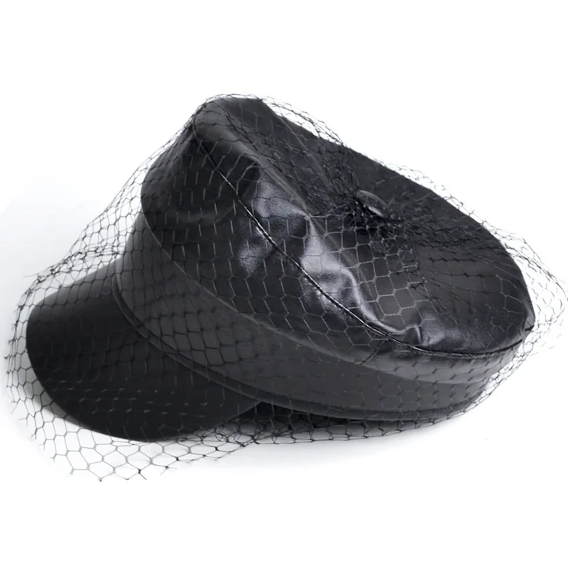 Luxury Designer PU Leather Hat For Women Fashion Black Mesh Veil Caps Sailor Hats With Mesh Artistic Temperament Painter Hat