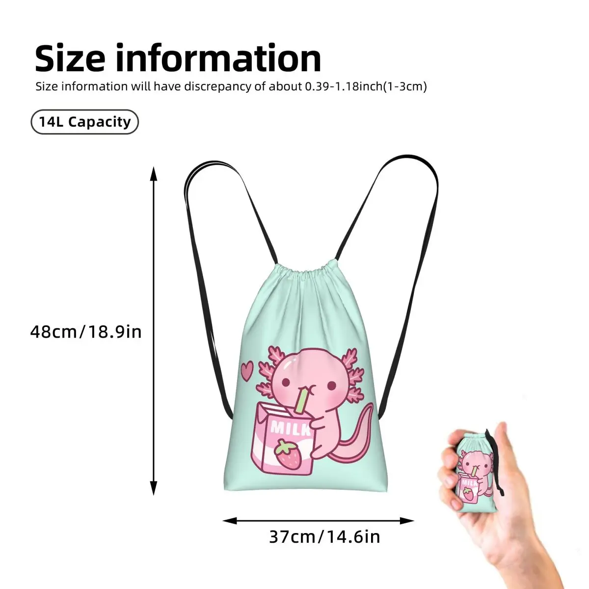 Cute Axolotl Loves Strawberry Milk Doodle Drawstring Backpack hiking cycling Bag Lightweight Storage Drawstring Bag Men Women