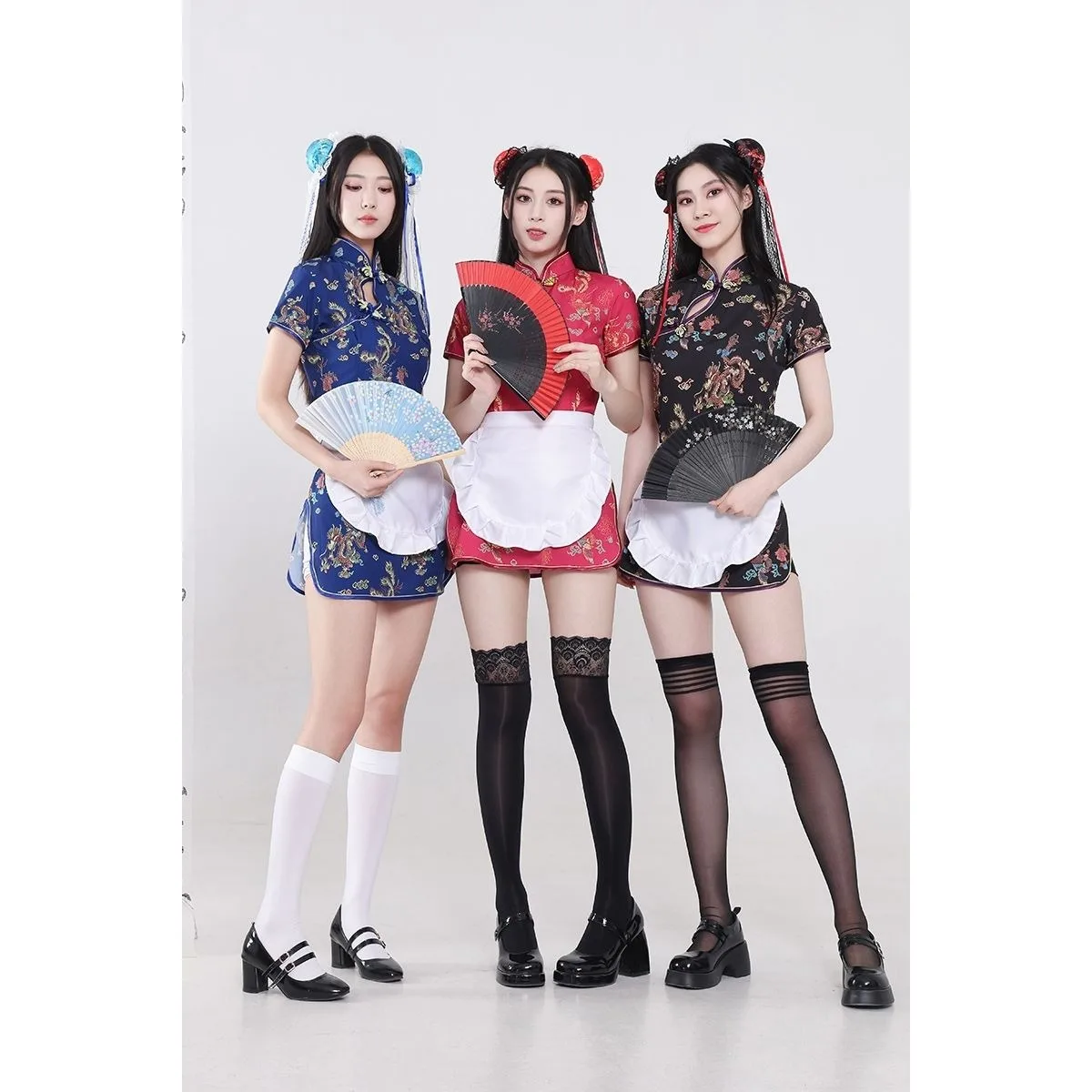 زي تنكري لفتاة الشيف الصينية، فستان تشيباو قصير بفتحة رقبة مائلة، مريلة خادمة لوليتا كوس ملابس نسائية صينية