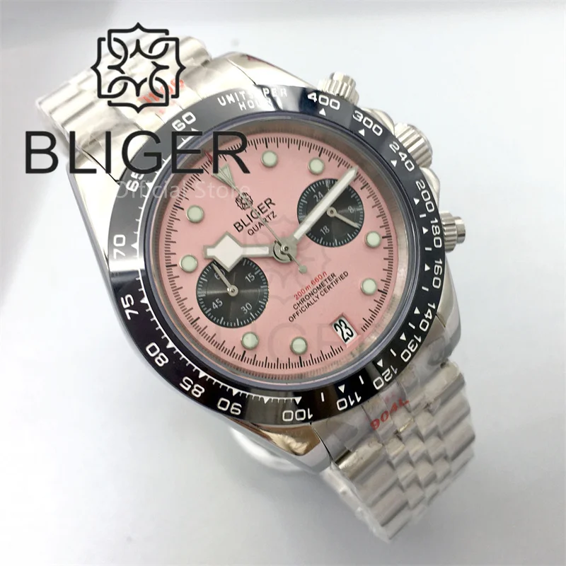 BLIGER-Relógio cronógrafo de quartzo lunar masculino, VK64, vidro safira, preto, mostrador rosa com 5 ponteiros, verde luminoso, 6 O'clock Date, 39mm