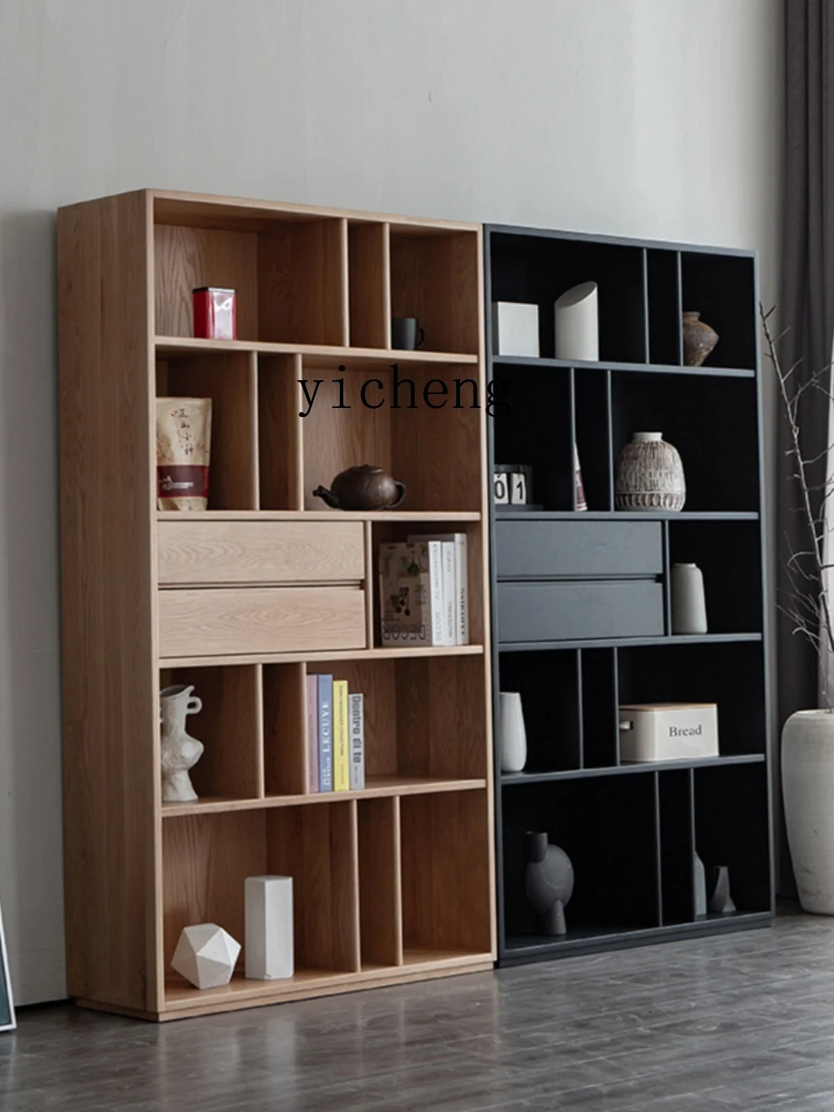 

TQH Miji Solid Wood Combination Single Bookcase Bookshelf Display Antique Shelf Oak Black