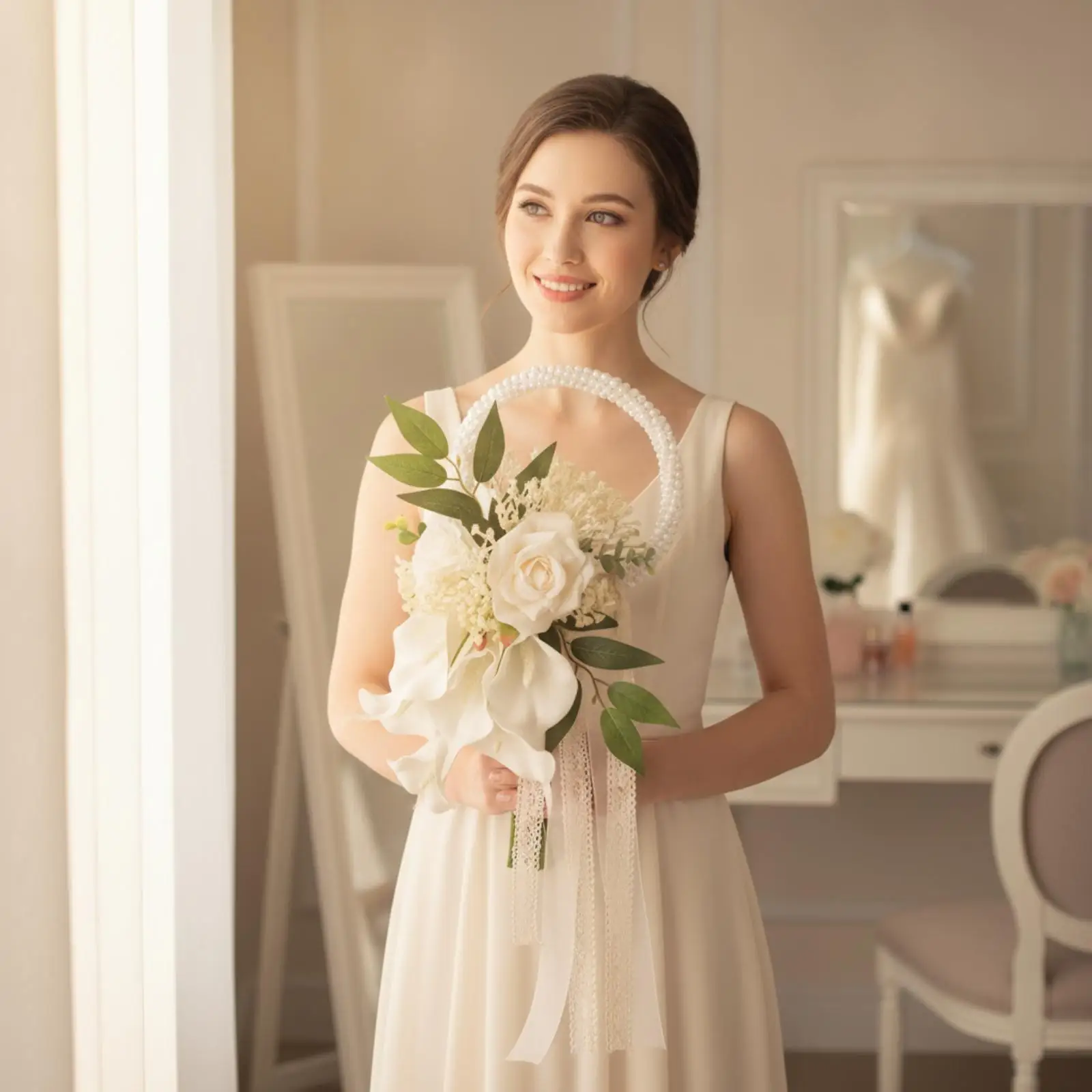 Wedding Bouquet with Pearl Handle Decorative Handheld Flower Arrangement Elegant