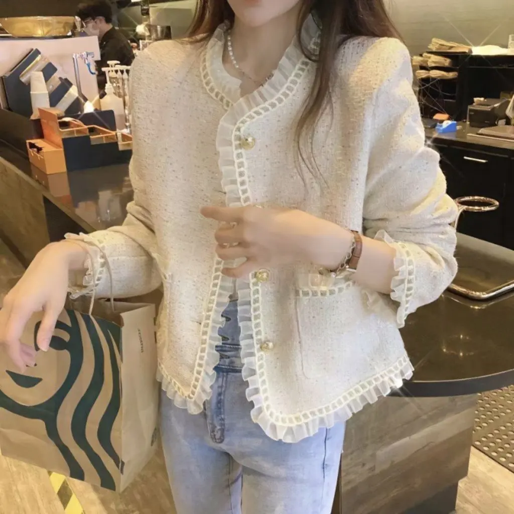 

Women's Celebrity Style Short Outwear Fragrant Style Spring Autumn Retro Mesh Splicing Tweed Top Fashionable Small Size