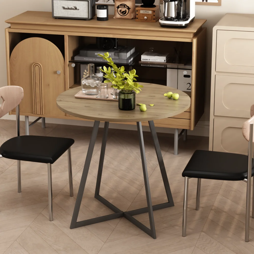 

31.5 Inch Round Dining Table, Small Circle Kitchen Table with Metal Black Legs for 2-4 people,Modern Dining Room Table, Brown (o