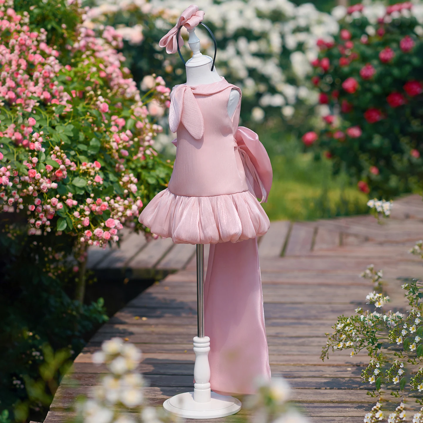Jill Wish J909 Pink Satin Flower Girl Dress with Oversized Back Bow, Bubble Hem Skirt, Sleeveless Princess Party Gown with Headb