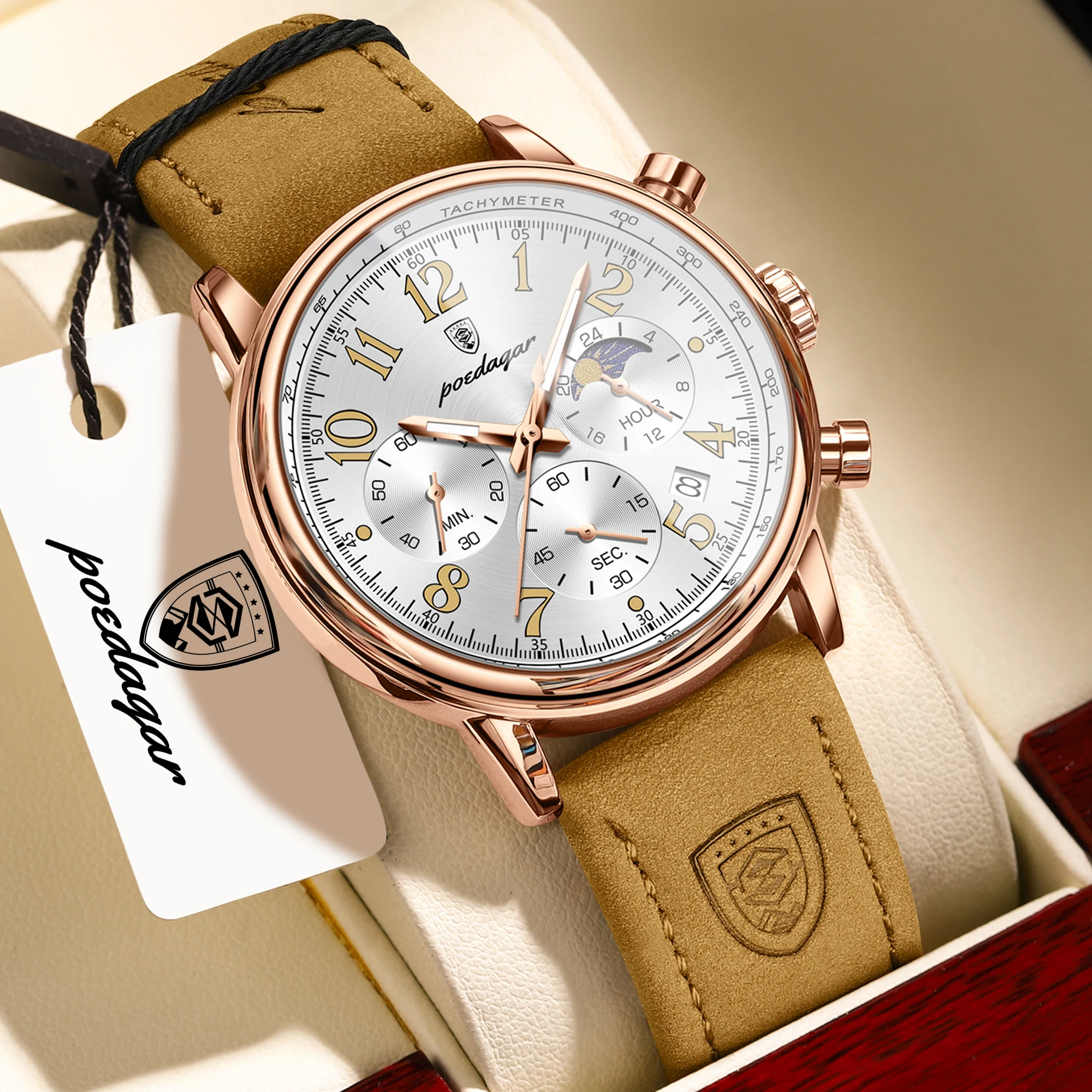 POEDAGAR Luxury Quartz Men Clock Waterproof Luminous Leather Sports Man Wristwatch Chronograph Date Military Men's Watches Reloj