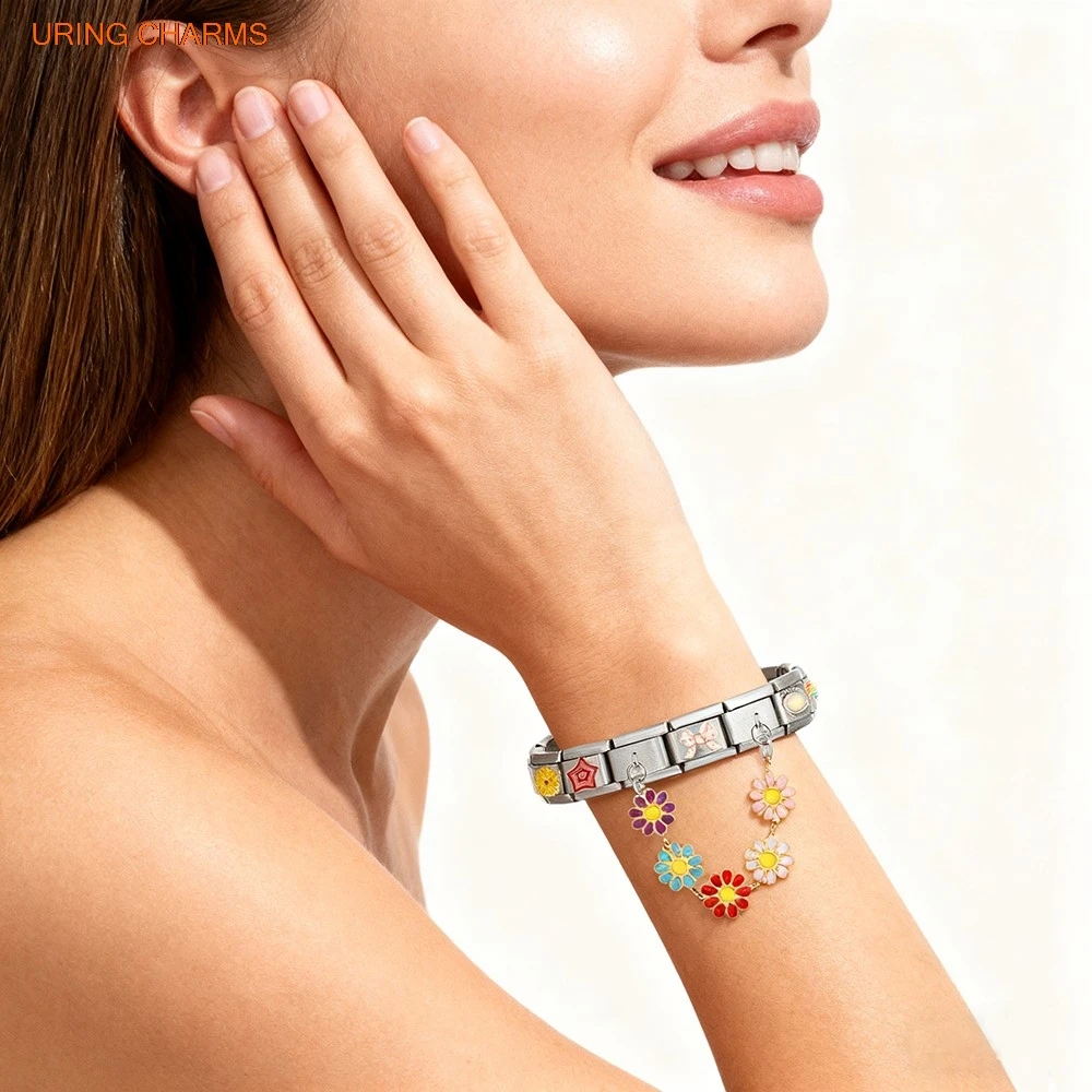 Fashion Double Hanging Chain Devil's Eye Colorful Flower Italian Charm Link fit 9mm Stainless Steel Bracelet DIY Jewelry Making