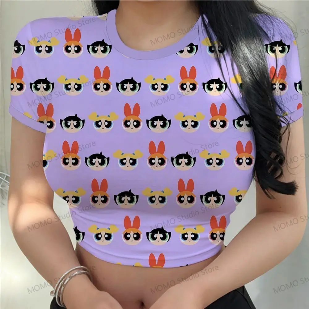 Tshirt Women\'s T-Shirt The Powerpuff Girls Crop Top Clothing 2024 Y2k XS-3XL Woman Clothes Short Sleeve Tops Leisure Kawaii Cute