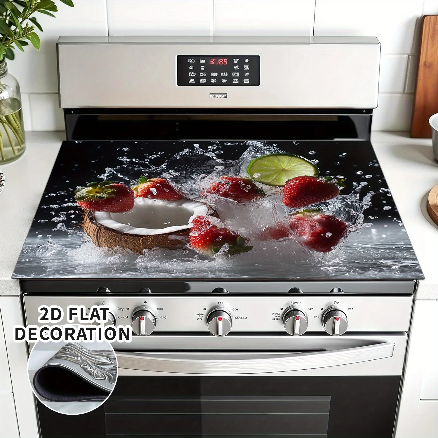 Tapete de Cocina 2D con Diseño de Fresas y Coco - Cubierta Antideslizante Resistente al Calor para Placa de Vitrocerámica y Lavadora, Arte Vibrante para la Cocina