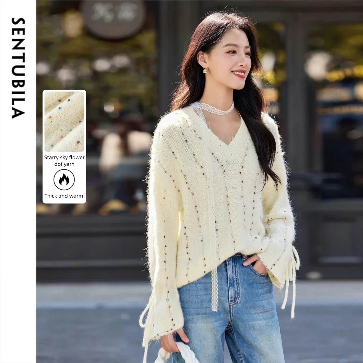 

SENTUBILA женский вязаный свитер, новинка зимы 2025 года, с v-образным вырезом, на шнуровке, с расклешенными рукавами, необычные пряжи, милые толстые женские топы W54EG4832