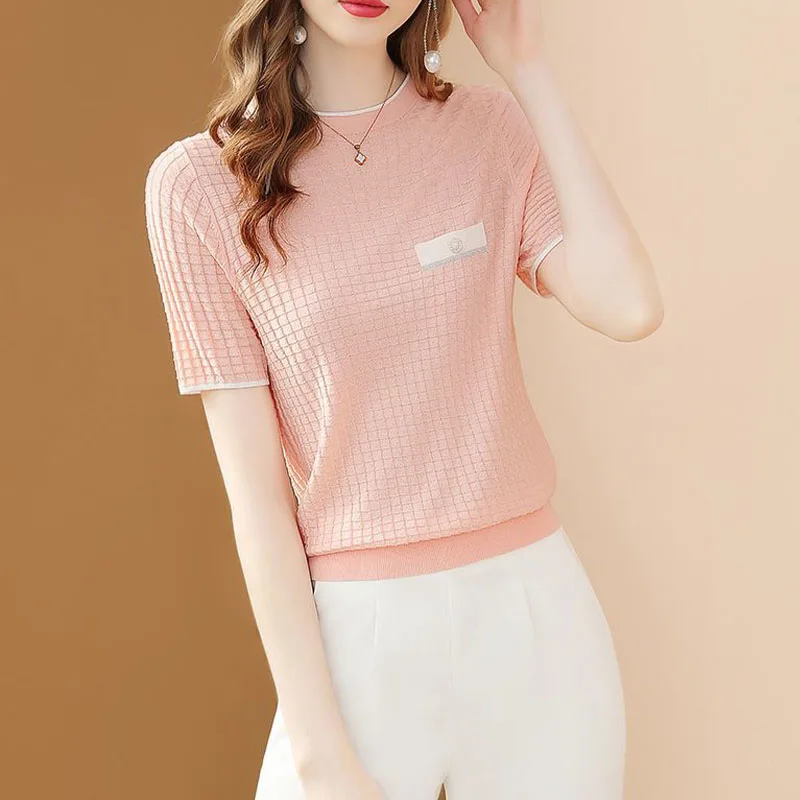 40-90Kg Women Elegant Fashion Mock Pocket Knit T-shirt Summer Casual Loose O-neck Short Sleeve Top Tee Office Lady Chic Pullover