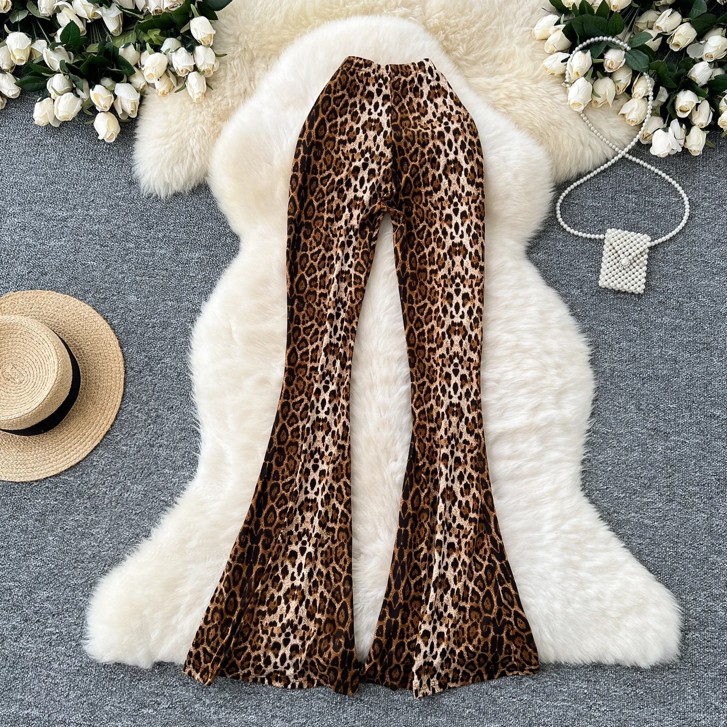 Casual Leopard vita alta Vintage donna Basics eleganti pantaloni svasati coreano High Street Office Lady Slim primavera autunno abbigliamento