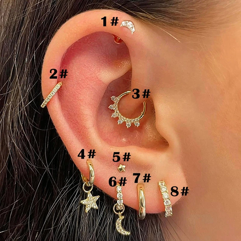 1pc Helix Piercing Earrings Women 2024 Tiny Stars Moon Zircon Gold Color Dainty Ear Hoop Septum Lobe Tragus Body Jewelry Gifts