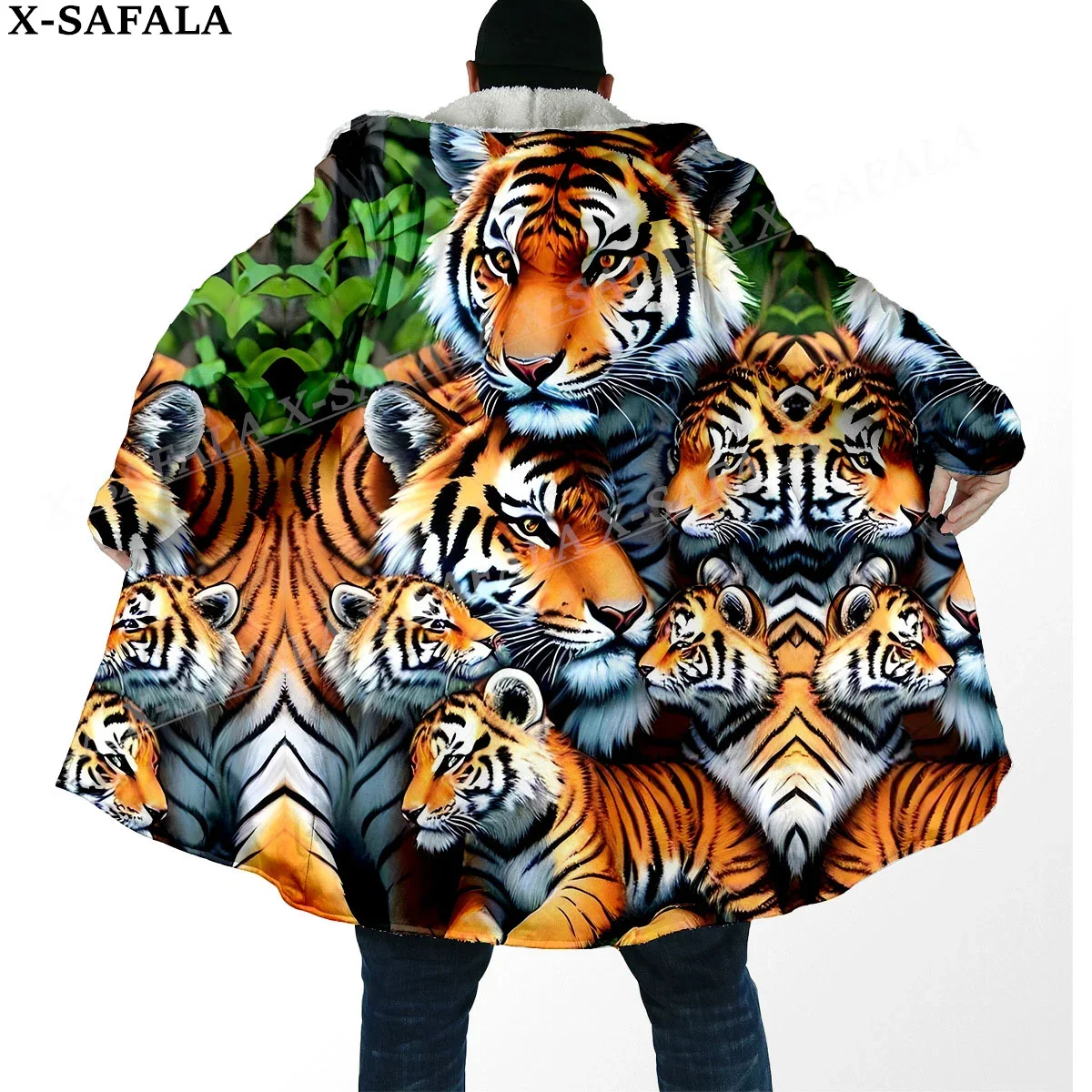 Mythology Tiger The King Spirit  Thick Warm Hooded Cloak Men Overcoat Coat Windproof Fleece Cape Robe Hooded Blanket-50