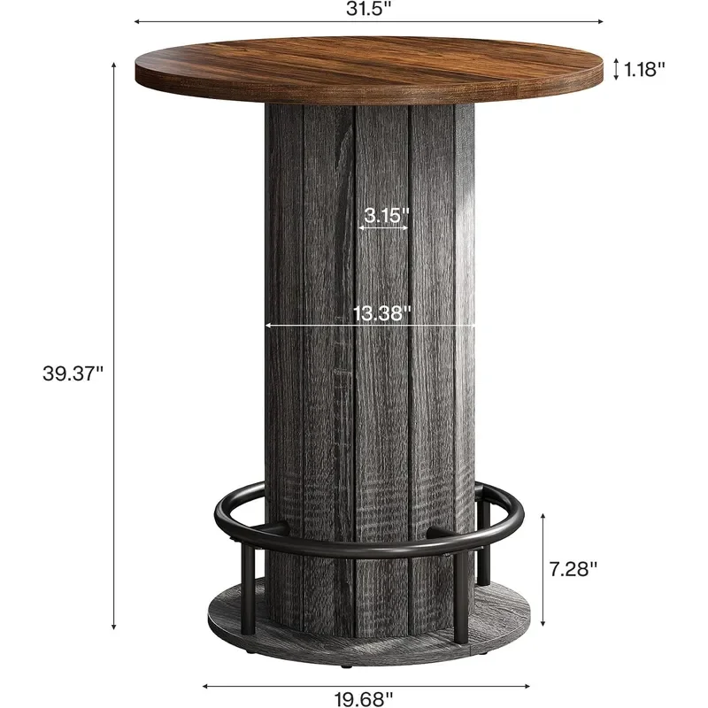 Round Dining Table Set of 2 Bar Height Commercial Kitchen Table with Wood Strip Base and Footrest for Dining Room Restaurant