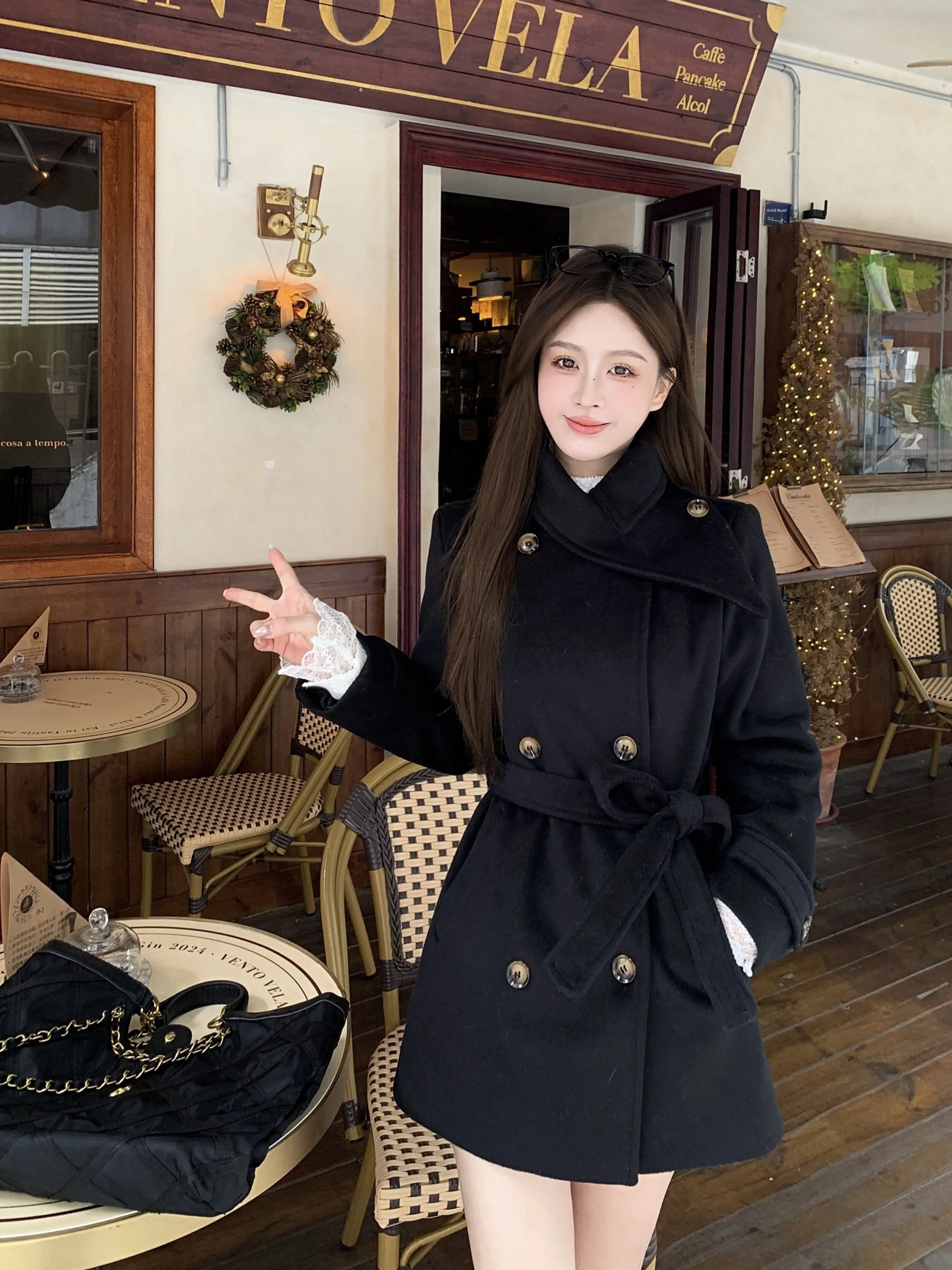 

plus Size Women's Bla Woolen Jaet Stand Collar A-Line Skirt Waist Cinched Hepburn Sle Faionable Autumn New Arrival