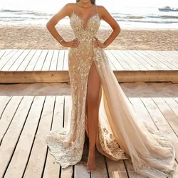 Lace Dresses for Women 2023 Floral Embroidery V Neck Dress Patchwork Slim Split Solid Spaghetti Strap Evening Dresses