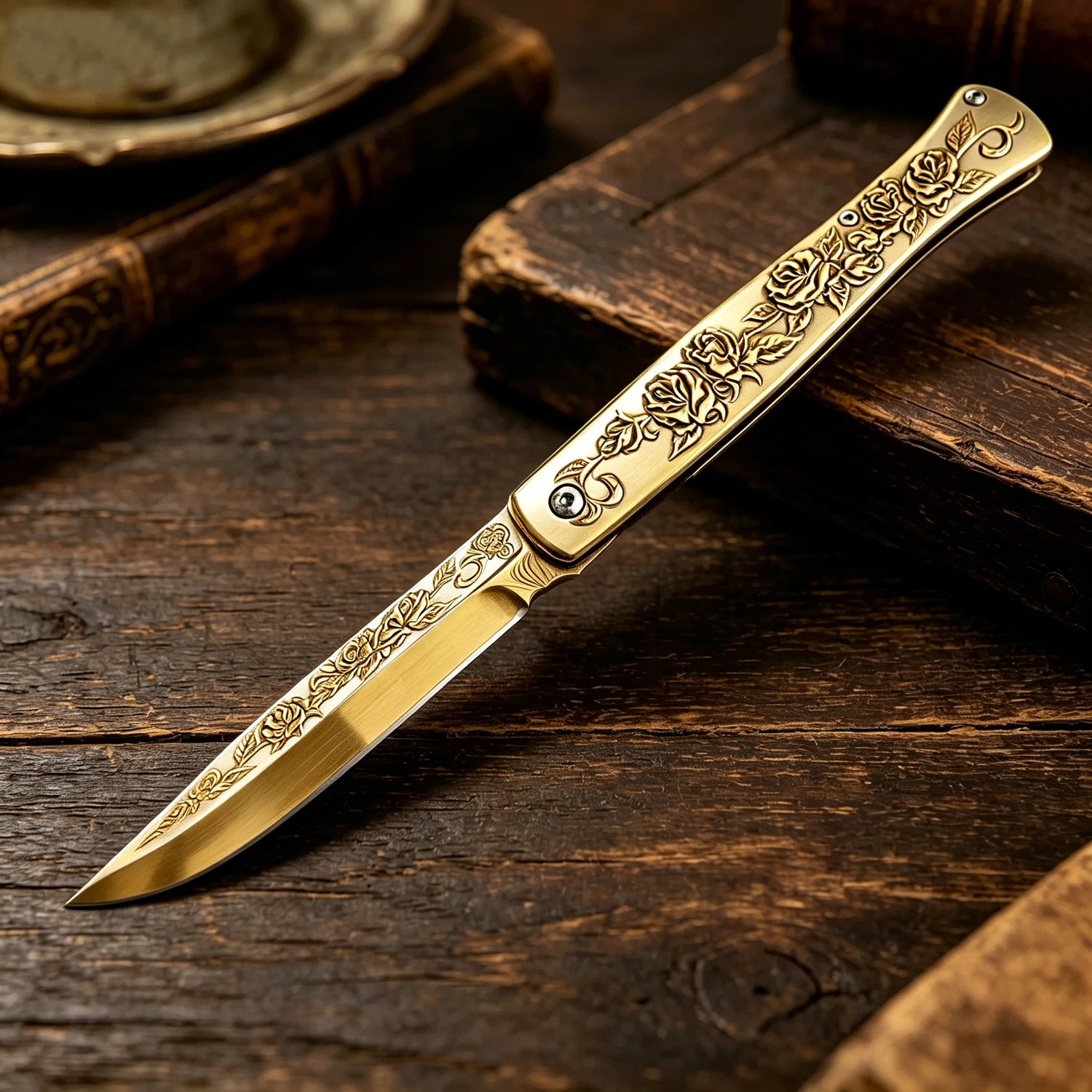 Golden EDC pocket knife, mini fruit knife, artistic engraved flower stainless steel handle, a gift for Mother's Day and Father's