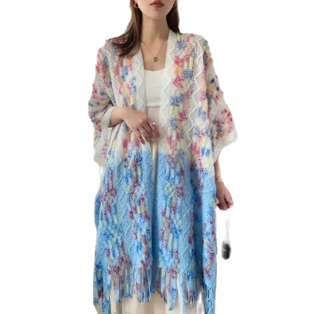 Dyed Ethnic Elegant Shawl Scarf Ladies 2024 New Fashion Travel Sunscreen Knitted Cardigan Hollow Tassel Cloak Sweater Female Tid