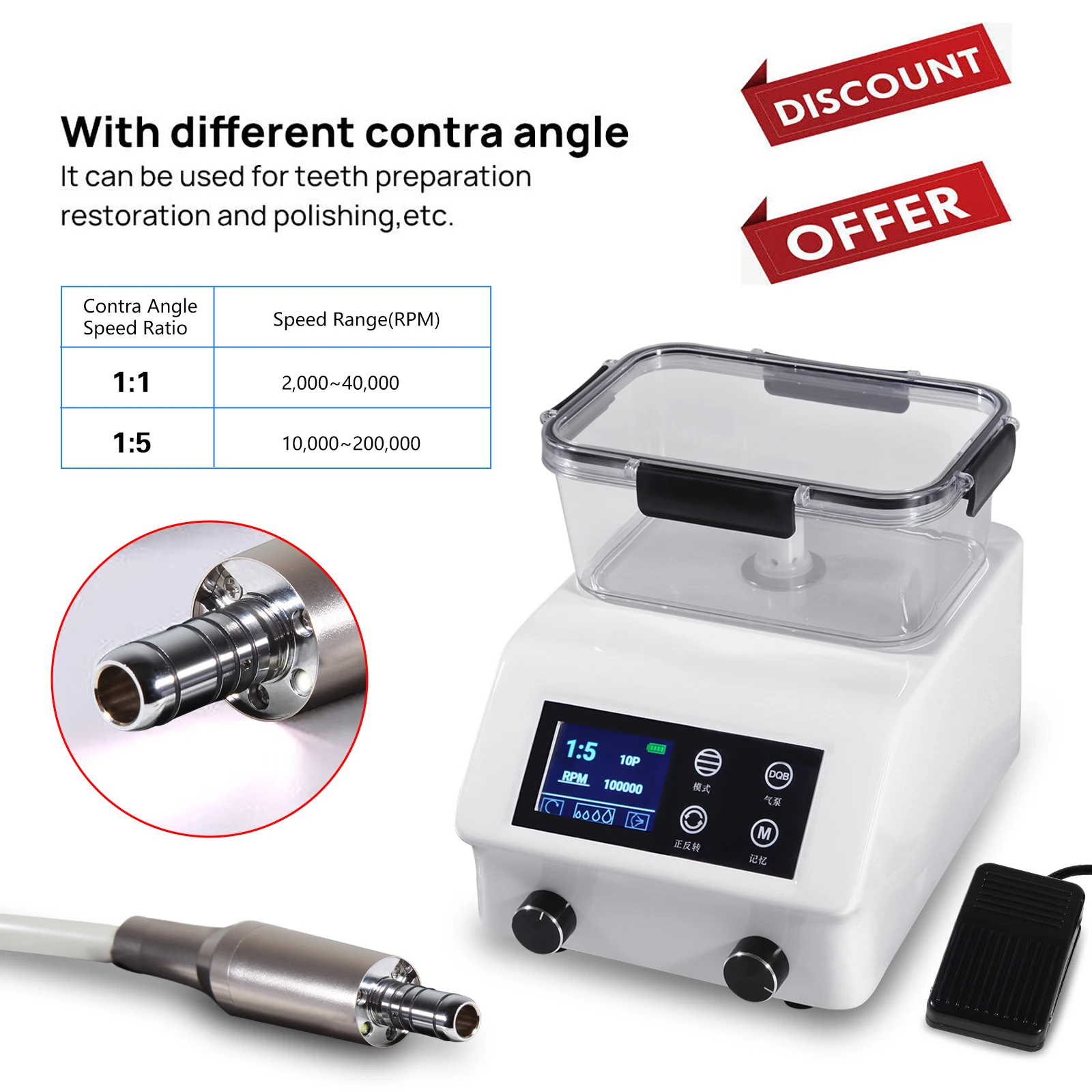 

Dental Lab 2 In 1 Brushless LED Electric Micromotor 1:1/1:5 Speed Ratio Vector Control DC Motor Wth Auto Water For Contra Angle