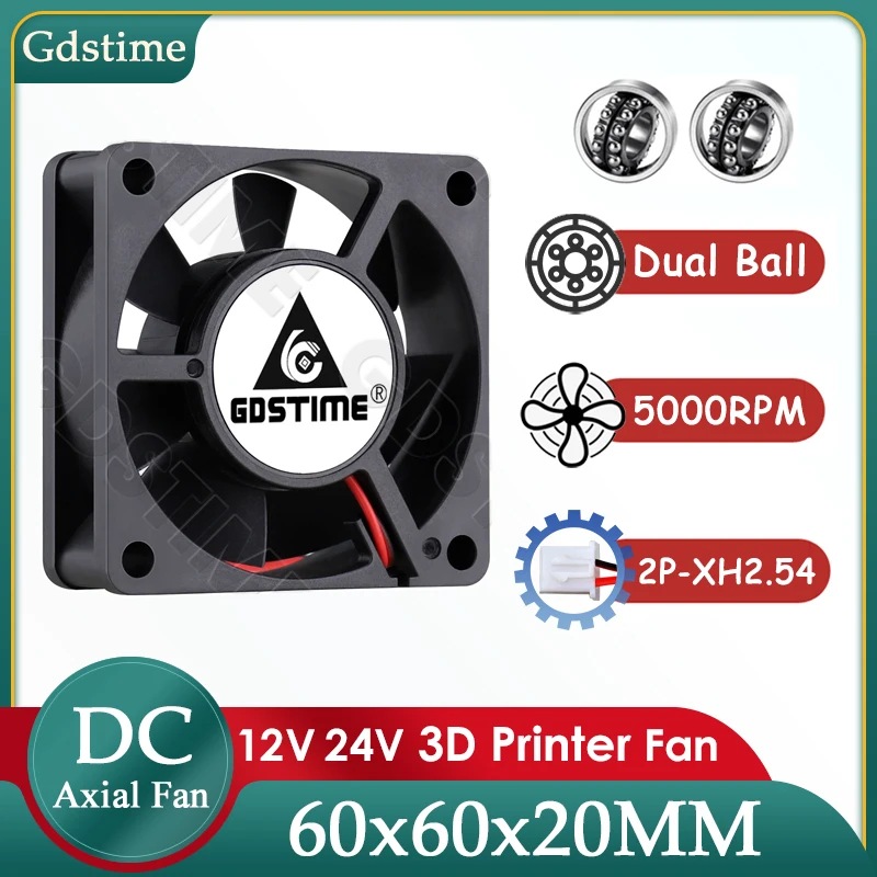 

Gdstime 6020 Fan 24V 12V 5V DC Cooler 60x60x20MM Dual Ball Cooling Fan 60MM Power Supply Axial Fan for 3D Printer Part Cooling