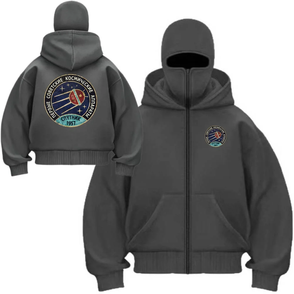 CCCP Space Exploration Programs Double Hooded Sweatshirts Men's Hoodies Coat Balaclava Y2K Gothic Harajuku Youth Mask Jacket