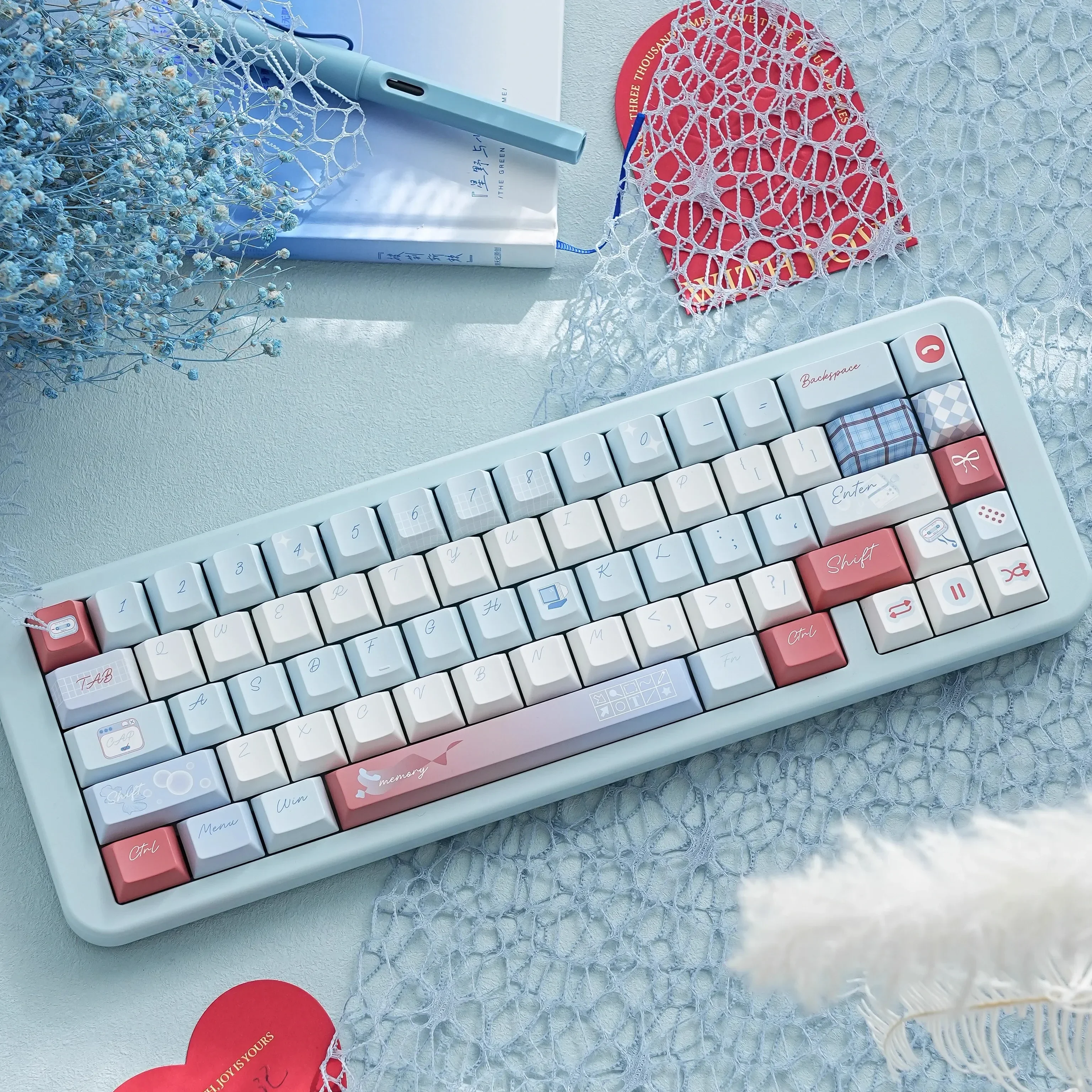 Aqua diary keycaps Original height PBT full five-sided sublimation mechanical keyboard keycaps Customized keycaps