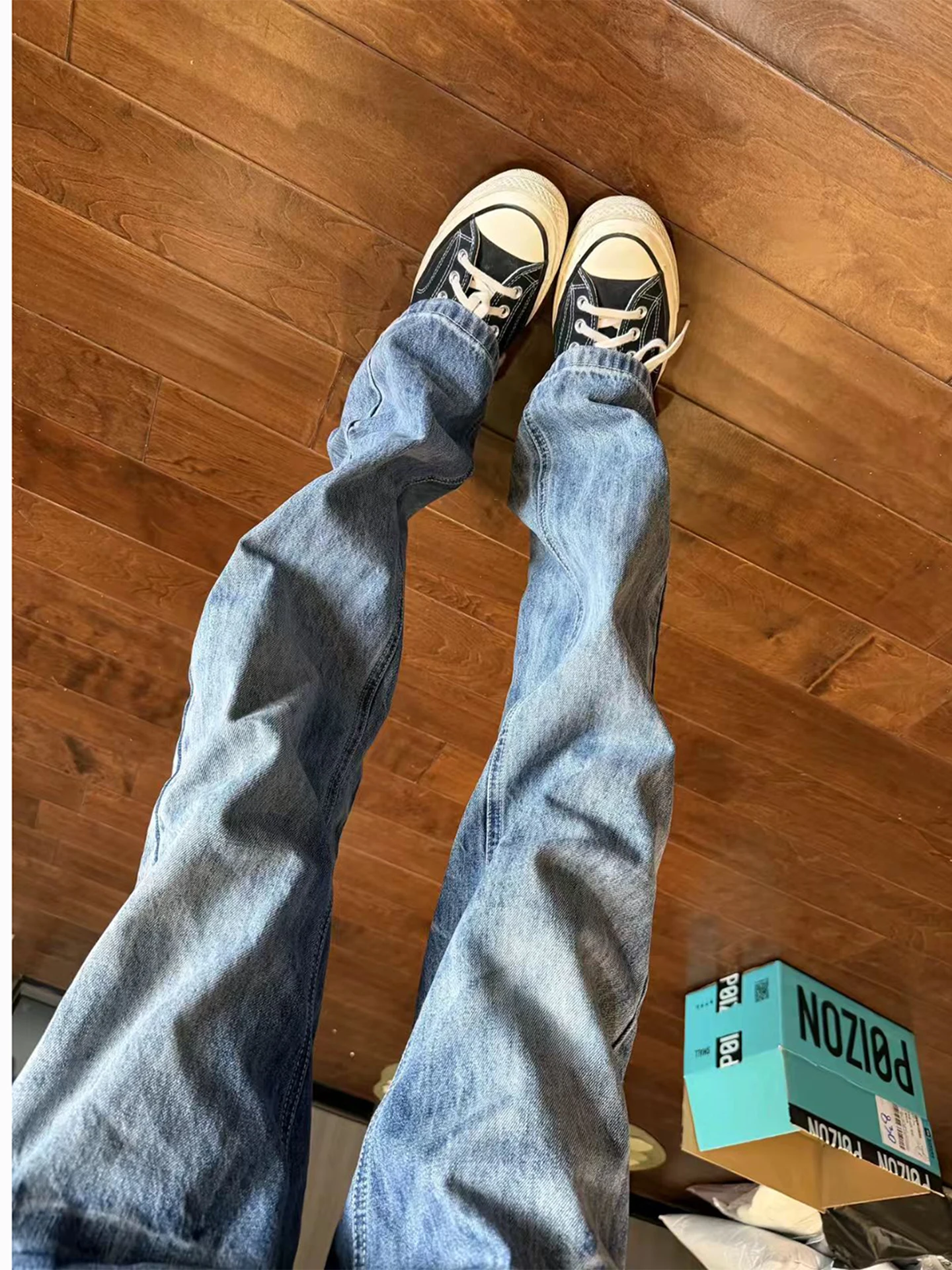 

Blue Washed Lightning Pattern Men's Jeans Spring Autumn Loose Straight Leg Bell Bottoms High Waist Denim Pants Youth Fashion