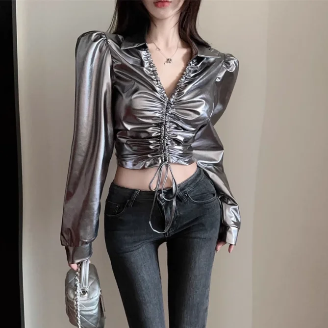 

2025 Spring and Autumn Open Waist Strap Up Long Sleeve Collar Shirt Shiny Top for Women