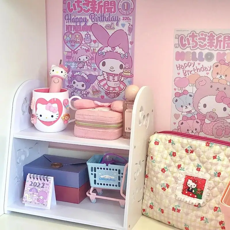 لطيف الكرتون Sanrioed Kuromi Hellokitty Cinnamoroll سطح المكتب تخزين الرف طبقة مزدوجة تخزين الرف منضدة الزينة تخزين الرف