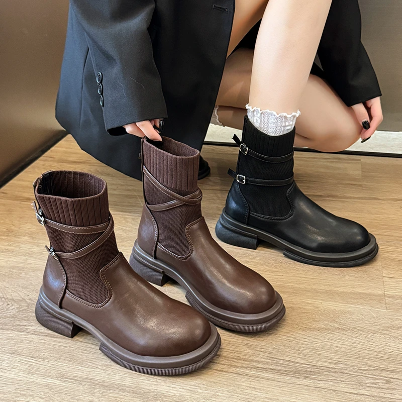 

2025 New Short Boots Women Fall Round Head Female Socks Boots Fashion Large Size Female Mid-calf Boots Женские Сапоги
