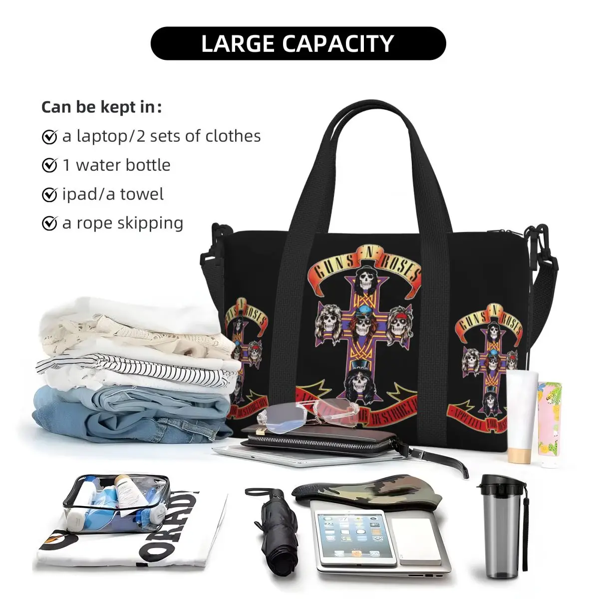 Custom Hard Rock Band Guns N Roses Tote Bag for Women Large Capacity Bullet Logo Beach Gym Travel Bags