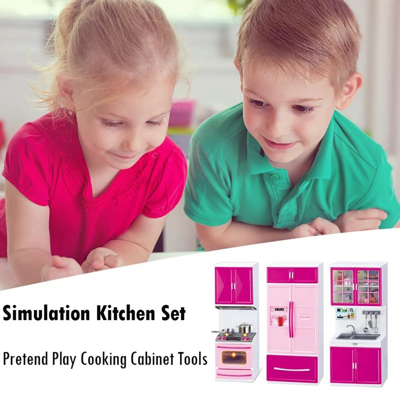 Simulation Kitchen Cabinets Set Children Pretend Play Cooking Tools Mini Tableware Sets Toys Girls Dollhouse Playset