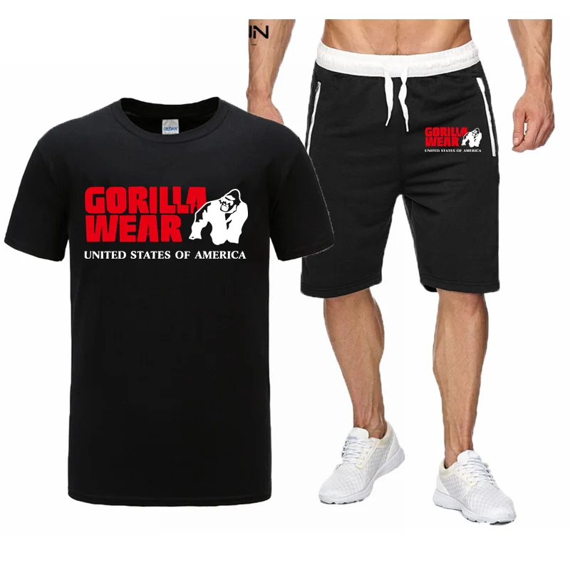 Men\'s Two-Piece Sportswear Short-Sleeved Casual T-Shirt And Brawstring Shorts Gorilla New Summer Cotton Suit