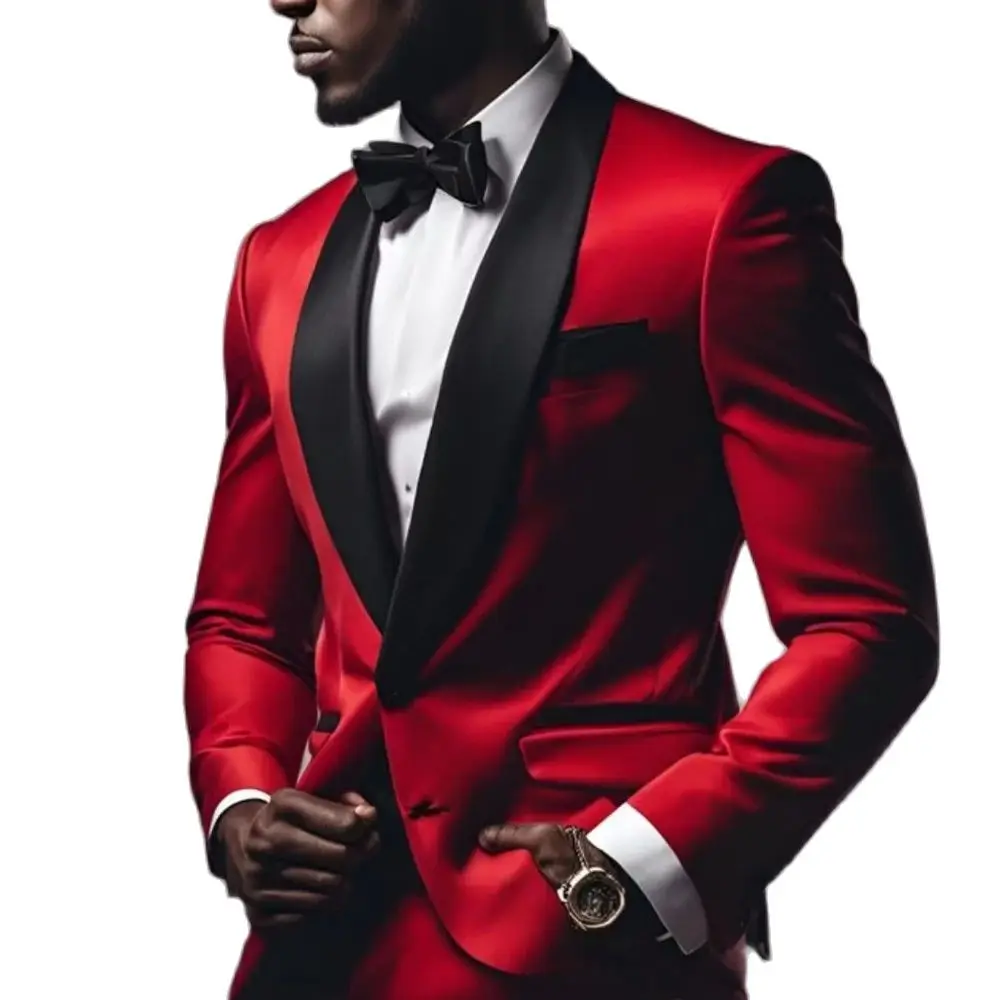 Luxury Red Men Suits High Quality Shawl Lapel Single Breasted Wedding Blazer Custom Made 2 Piece Jacket Pants Outfits for Prom