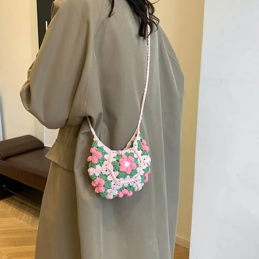 

Simple Shoulder Bag Crochet Flower Knitted Bag Bohemian Large Capacity Weave Bag Storage Bag Hollowed Out Beach Bag Travel