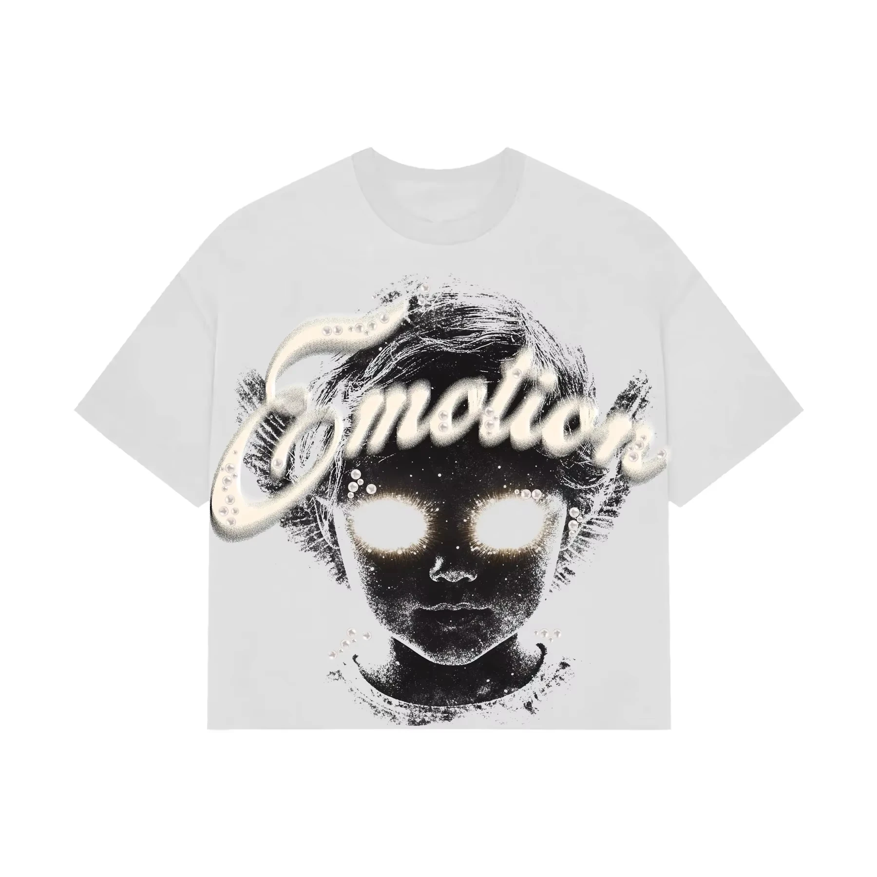 MIXED EMOTION Strass-Kurzarm-T-Shirt für Herren, Schwarz, Streetwear, Baumwolle, Lockerer Rundhals-Oberteil, Oversized Unisex-T-Shirt – Detail 6