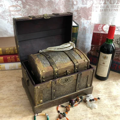 Antique and old, golden treasure chest, pirate box, wooden wooden box with lock, retro storage old storage box view 4