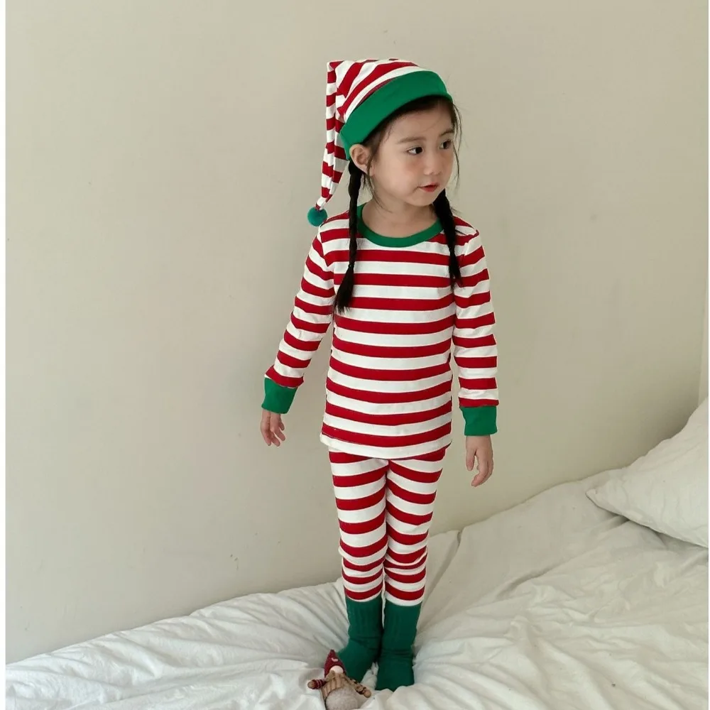 

Осенне-зимний детский пижамный комплект из чистого хлопка, термобелье, полосатые рождественские пижамы со шляпой, милая детская ночная рубашка