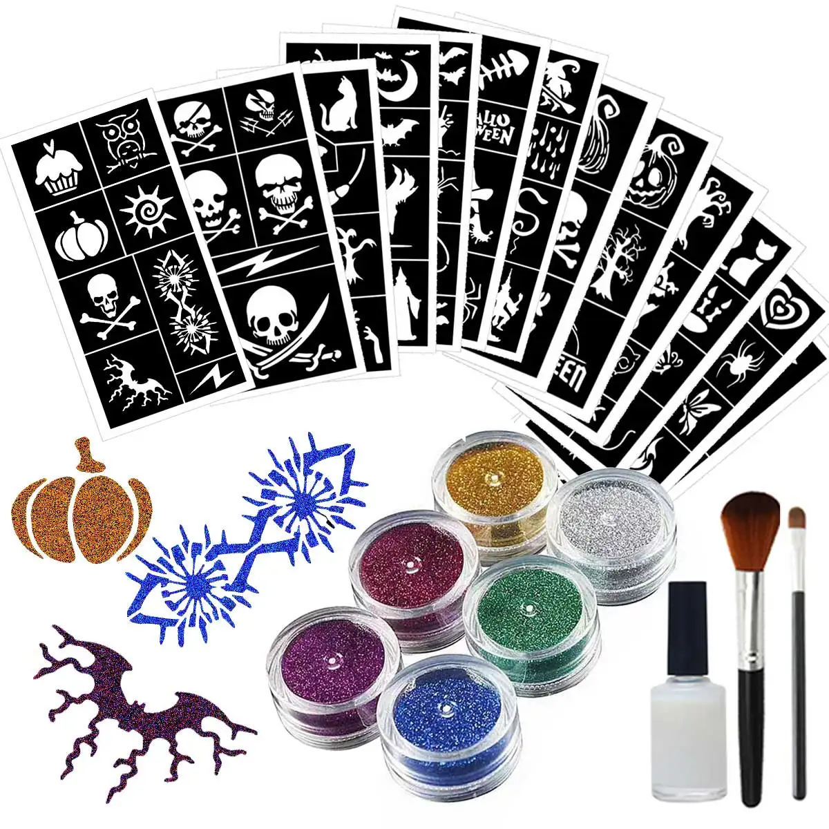 임시 플래시 문신 세트, 바디 페인팅을 위한 6가지 색상의 재미있는 플래시 문신, 13가지 할로윈 테마 중공 템플릿 패턴 및 얼룩 브러쉬 포함, 적용 및 제거가 용이함, 할로윈 무대 메이크업, 졸업 동창회 행사, 휴일 선물, 파티 장식, 여행 음악 축제에 적합