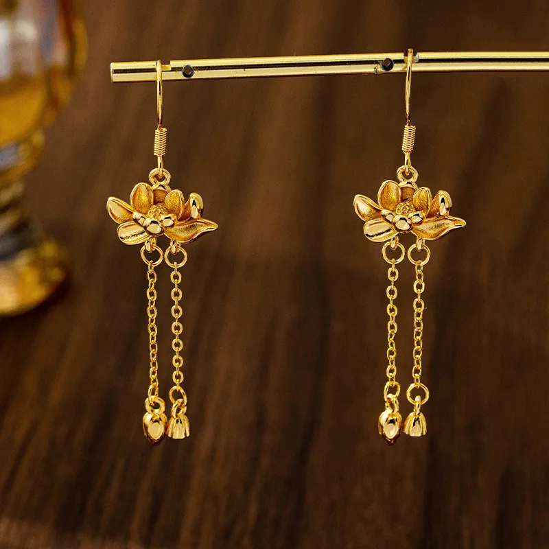 

Luxury 24K 9999 Pure Gold real gold Three-dimensional Lotus Earrings Retro High-grade Tassel Earrings