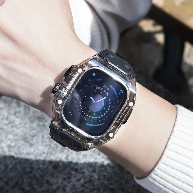 애플워치 울트라 3 49mm 11 10 42mm 46mm 밴드 iWatch 9 8 7 6 5 4 45/41/44mm용 수정 키트 투명 케이스 실리콘 스트랩