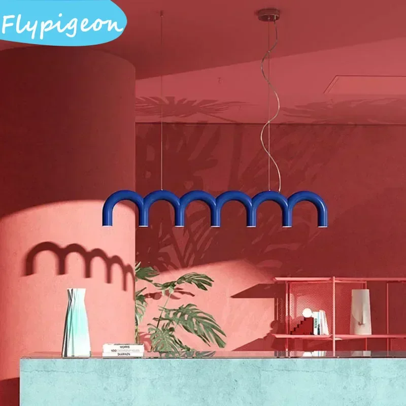 

Metal Macron Arch LED Chandelier Black White Blue Design Pendant Lights for Bedroom Kitchen Bar Restaurant Lighting Decor