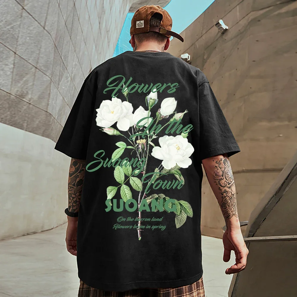 A White Flower With Thorns Print Man Tee Shirt Fitting Hip Hop Tshirt Leisure Fashion Tee Clothing Pleasure Daily Short Sved