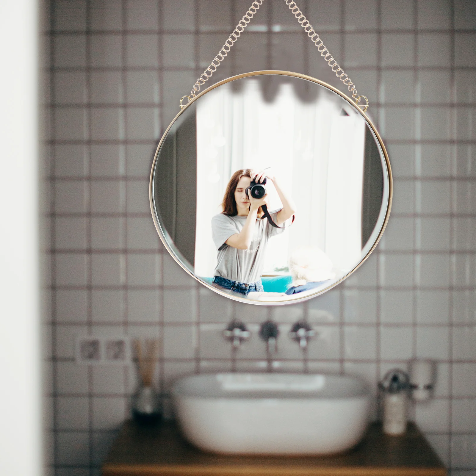 

Golden Round Hanging Bathroom Mirror Modern Frame Stylish Decorative for Home Hotel Living Bedroom Hanging Mirror